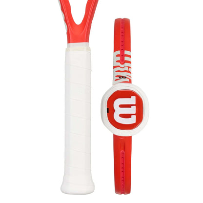 Red and white tennis racket with a logo on a white background