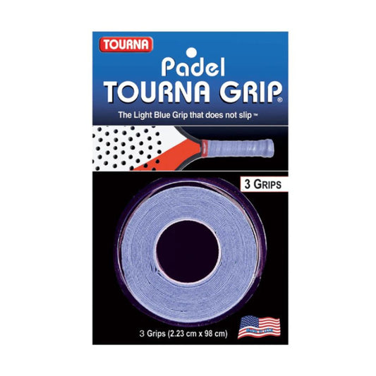 Packaging of Tourna Padel Grip with a blue grip roll and racket illustration on a white background.