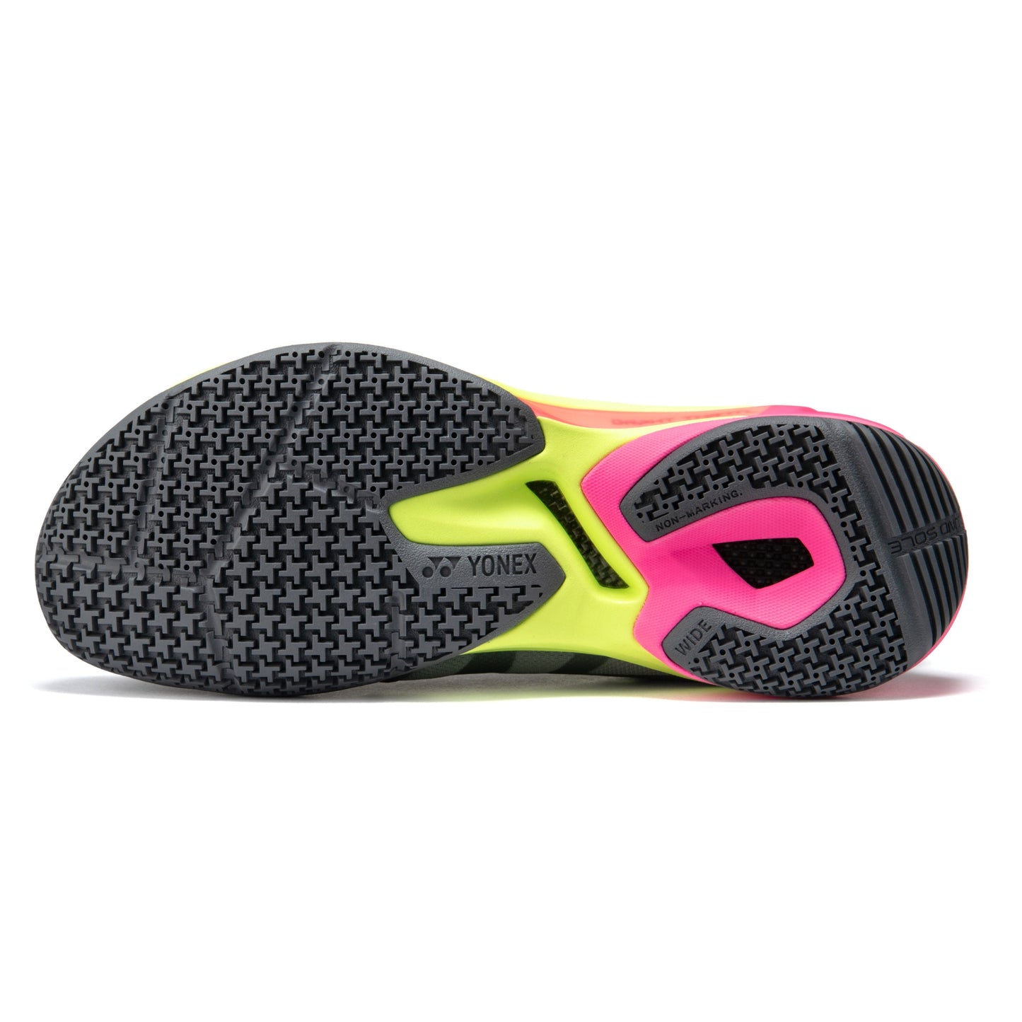 Yonex athletic shoe sole with black, yellow, and pink design on a white background