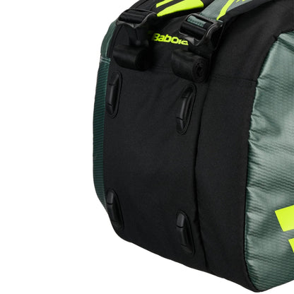 Black and gray tennis bag with visible branding on a white background