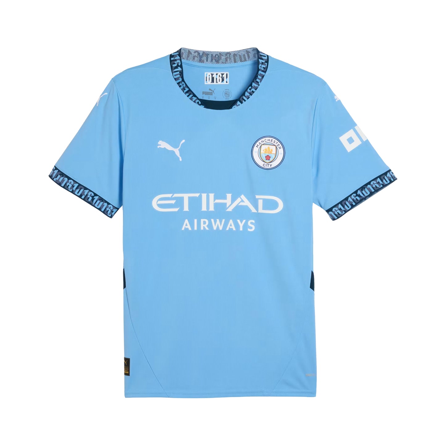 Light blue soccer jersey with branding on a white background