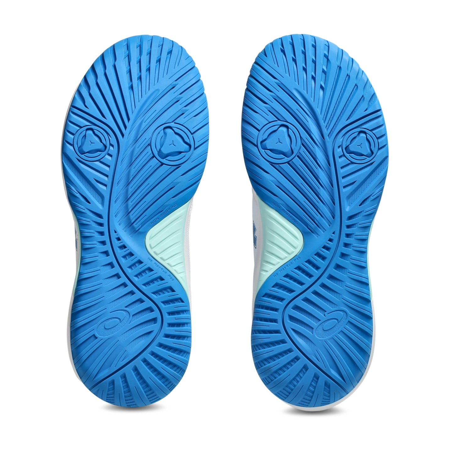 Bottom view of Asics tennis shoes with a thread patters on a white background
