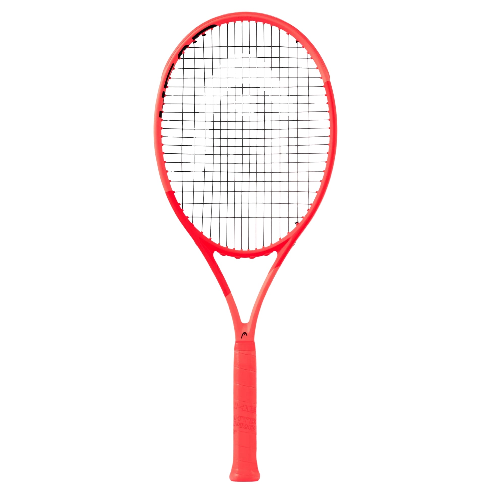 A orange Head tennis racket with black strings, shown vertically against a plain white background.