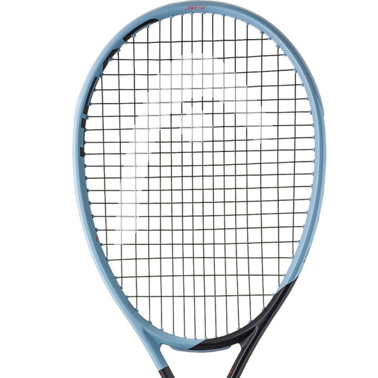 Head tennis racket with blue frame and black strings on a white background