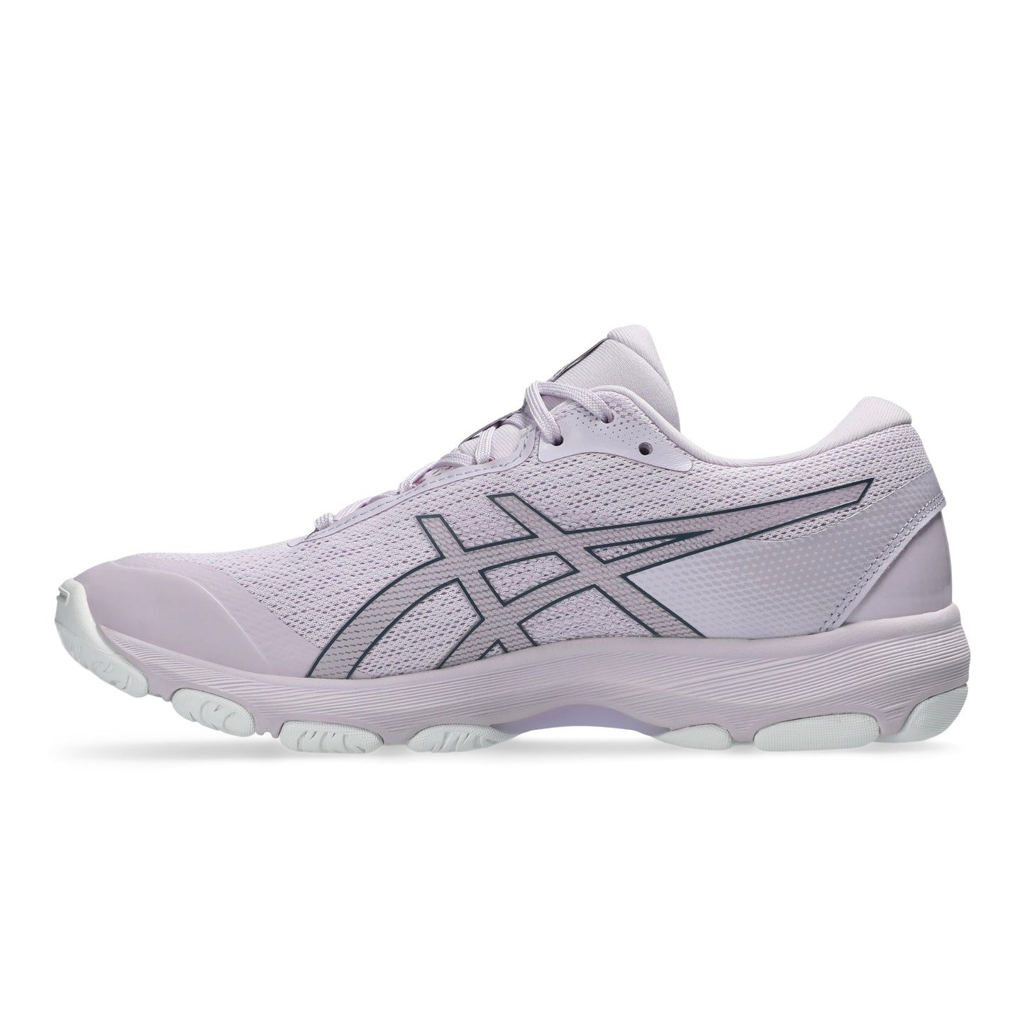 Light pink Asics shoe with black accents on a white background
