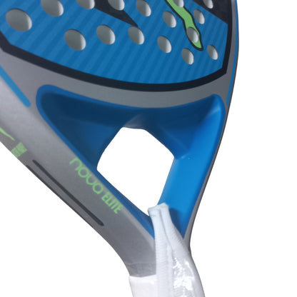 Close-up of a blue and gray Puma padel racketwith 'NOVA ELITE' wording on a white background