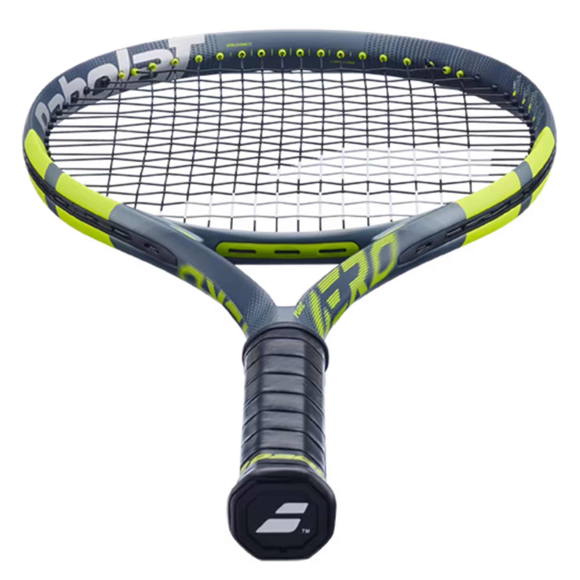 Tennis racket with a black and yellow design on a white background