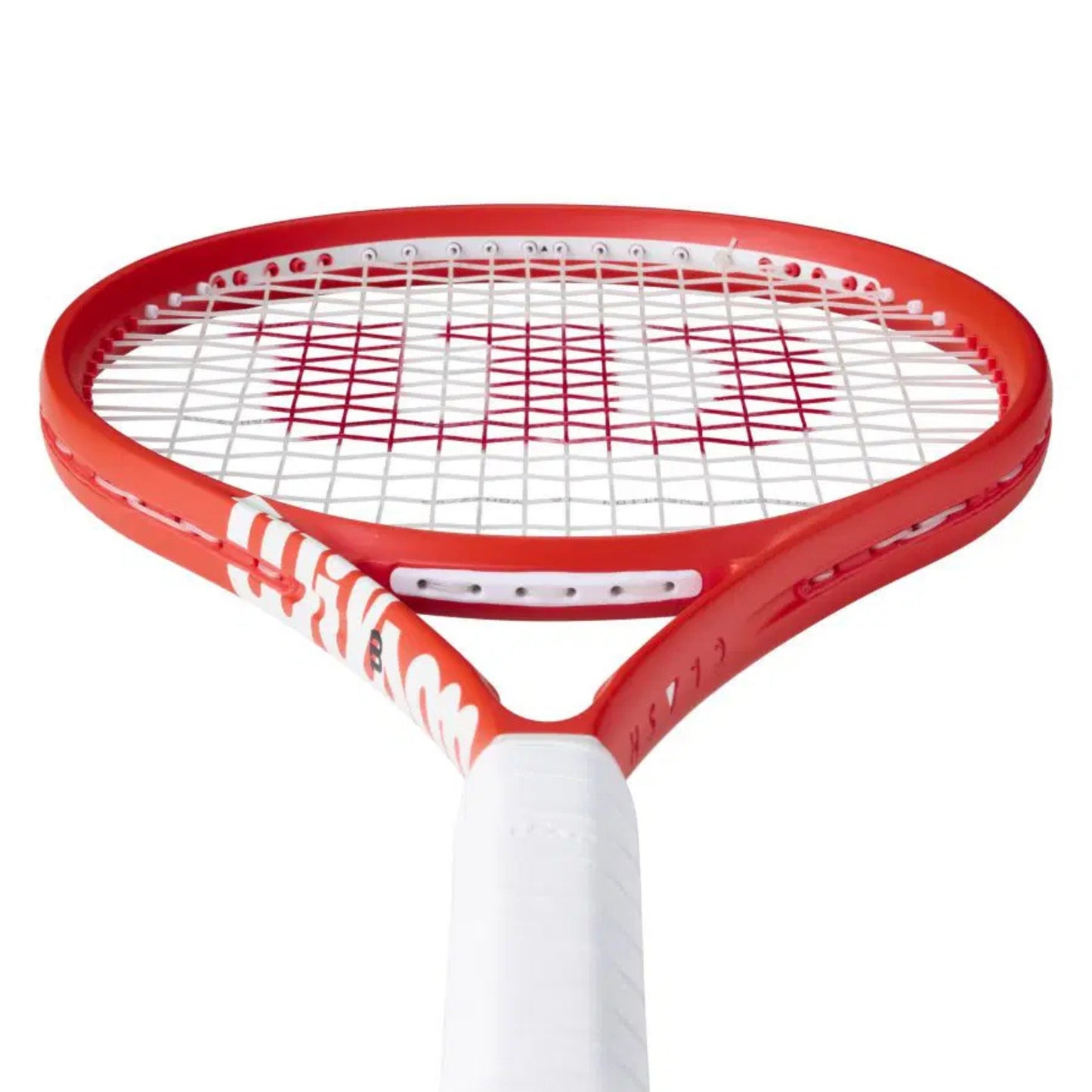Red and white tennis racket on a white background