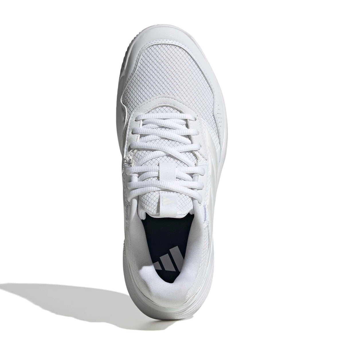 A white Adidas tennis shoe shown from the side profile against a clean white background.