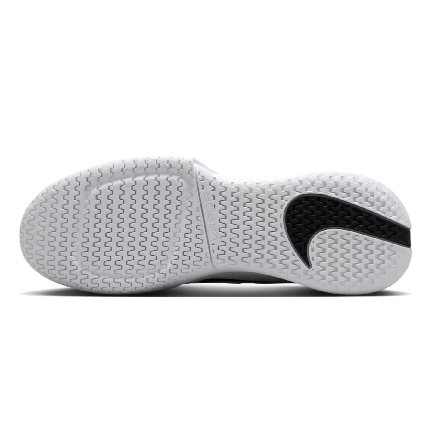 White tennis shoe sole with black swoosh logo on a white background
