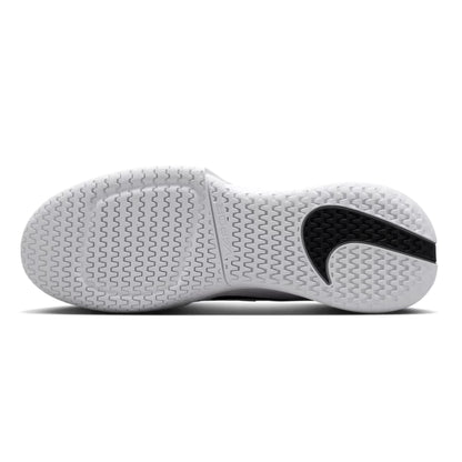 White tennis shoe sole with black swoosh logo on a white background