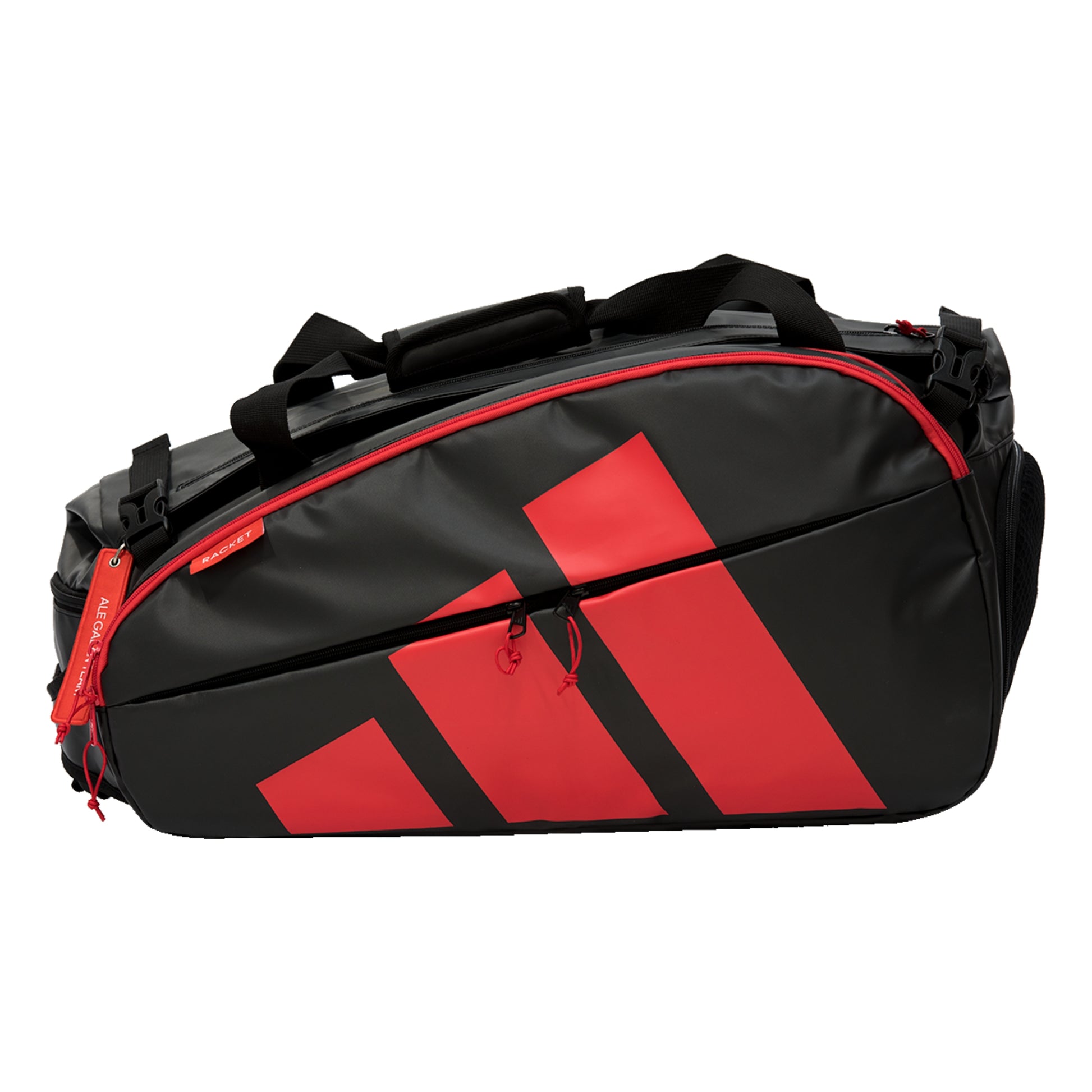 Black and red padel bag with visible brand logo on a white background
