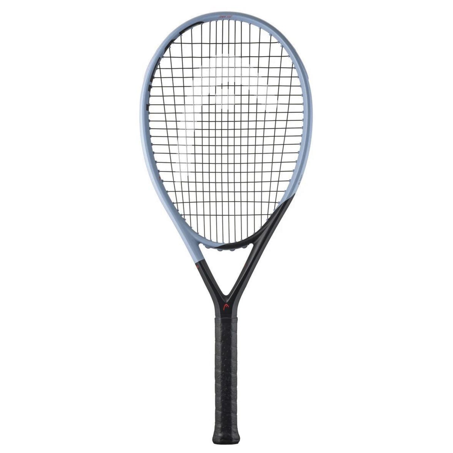 Head tennis racket with blue frame and black strings on a white background