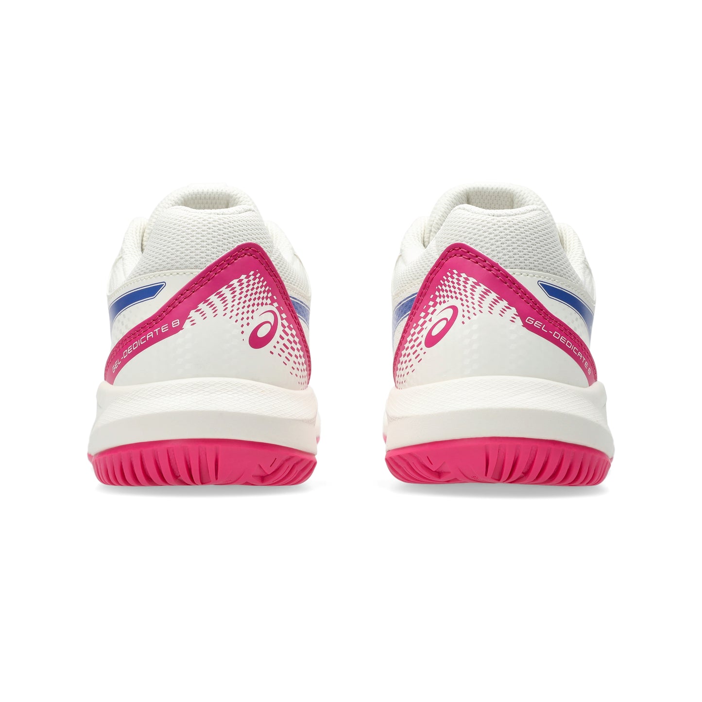 White and pink Asics tennis shoes with blue accents on a white background