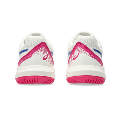 White and pink Asics tennis shoes with blue accents on a white background