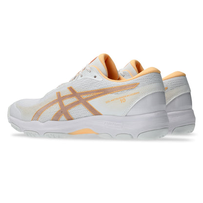 A pair of Asics netball shoes in white and light orange, shown from a side profile view against a plain white background.