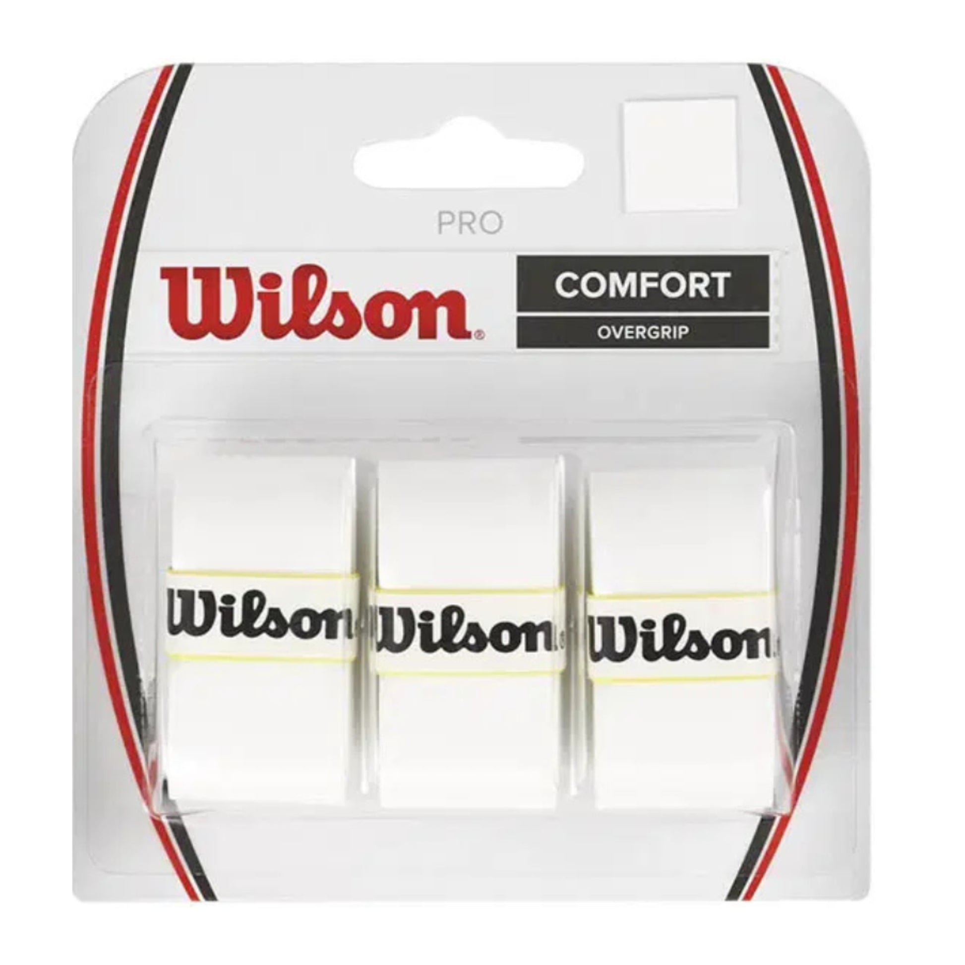 Pack of white Wilson tennis overgrips with clear packaging on a white background