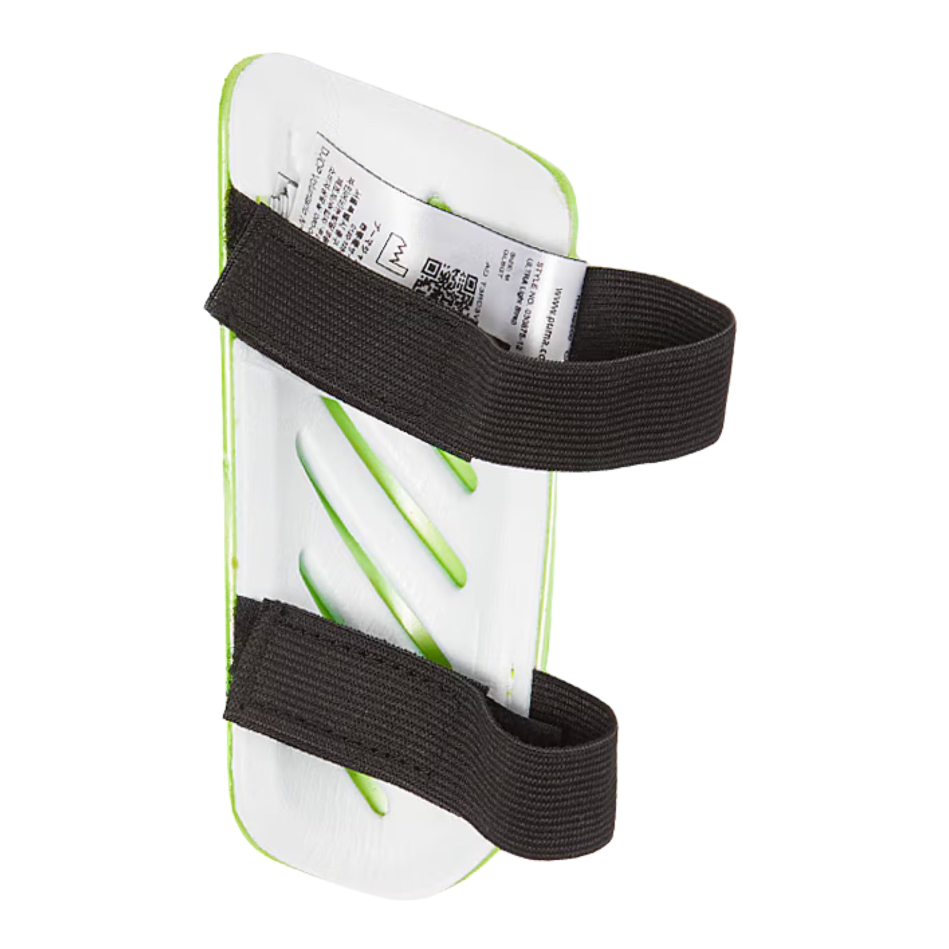 White shin guard with black straps and green accents on a white background