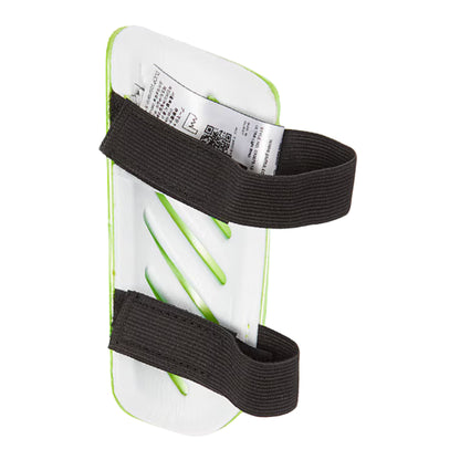 White shin guard with black straps and green accents on a white background