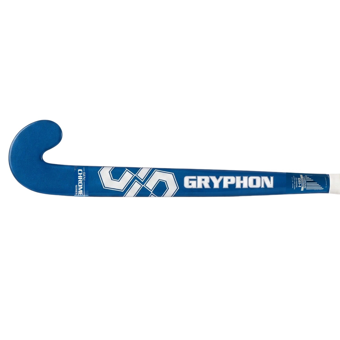 A blue and white field hockey stick with the Gryphon brand logo and name printed on the blade, shown against a plain white background.