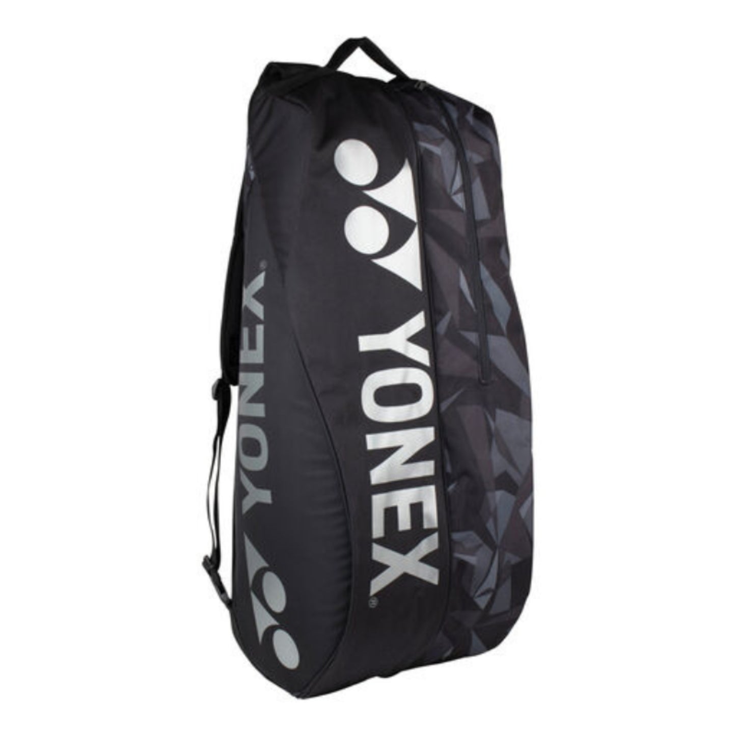 Black Yonex tennis bag on a white background