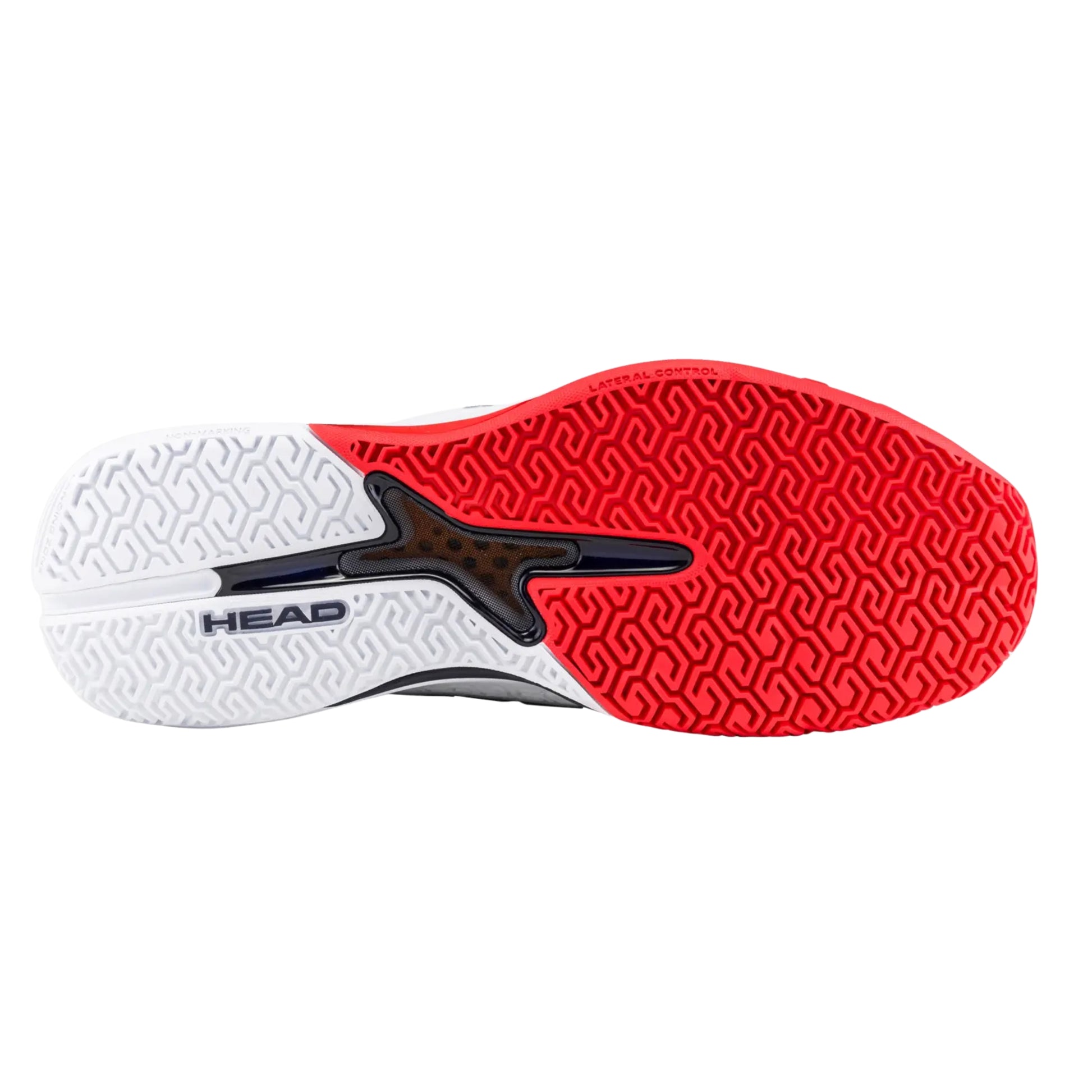 Close-up of a red and white shoe sole with 'HEAD' branding on a white background