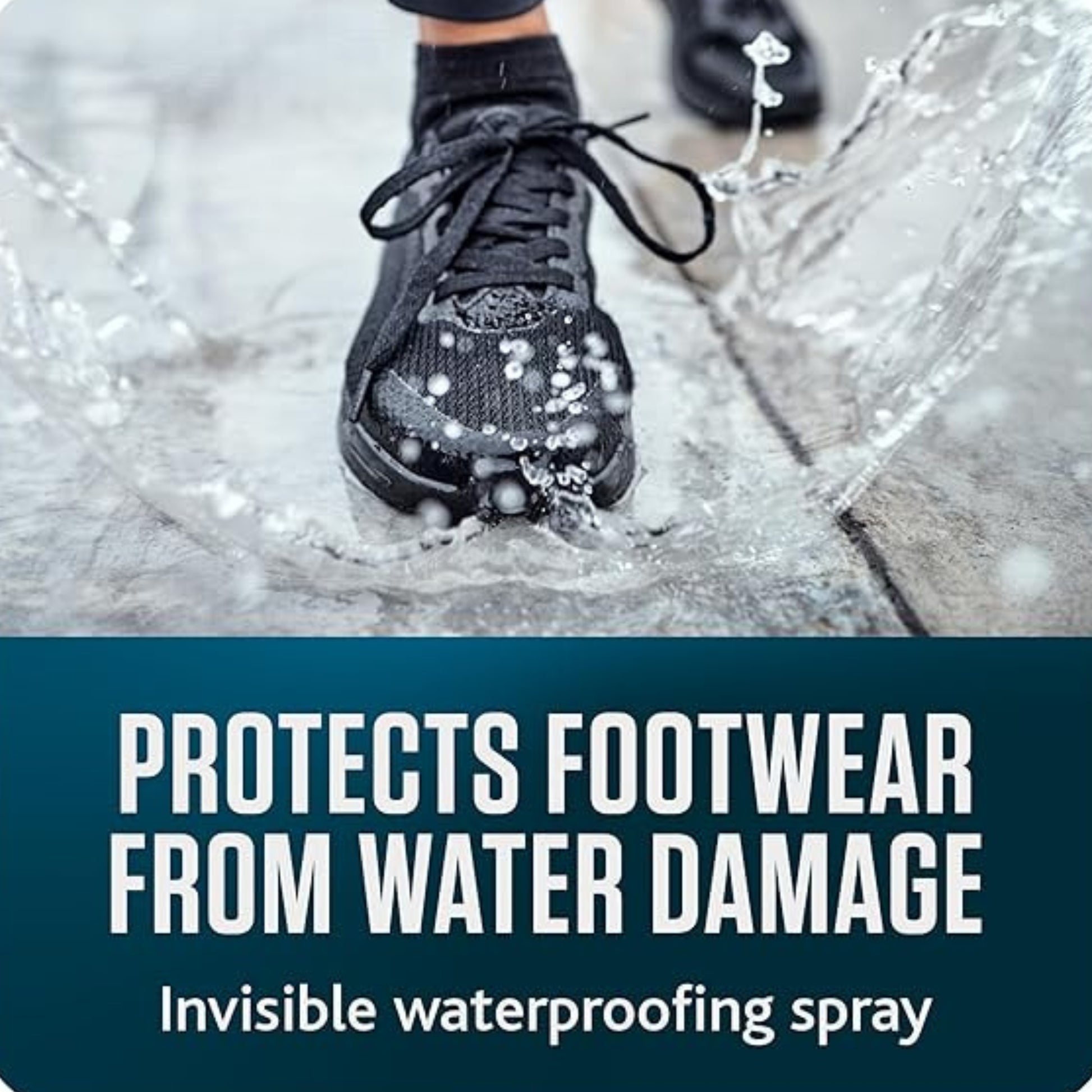 Foot wearing a black shoe stepping into water with text about waterproofing spray.