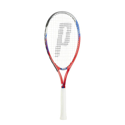 Tennis racket with a white handle and red frame on a white background
