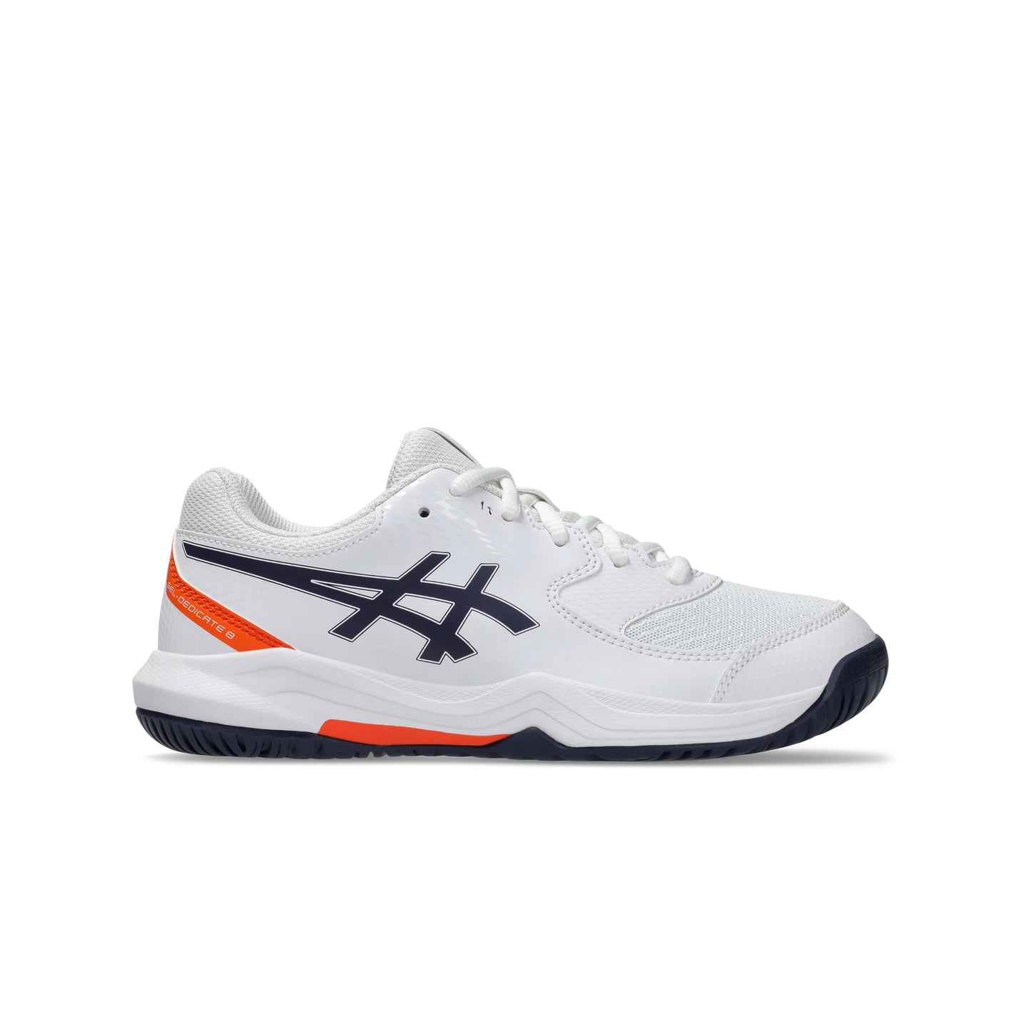 White Asics tennis shoe with blue and orange accents on a white background