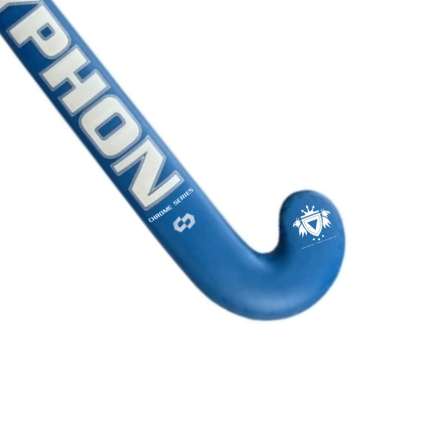 A blue GRYPHON Chrome Series field hockey stick shown diagonally on a plain white background, featuring white branding text and a white crest on the blade.