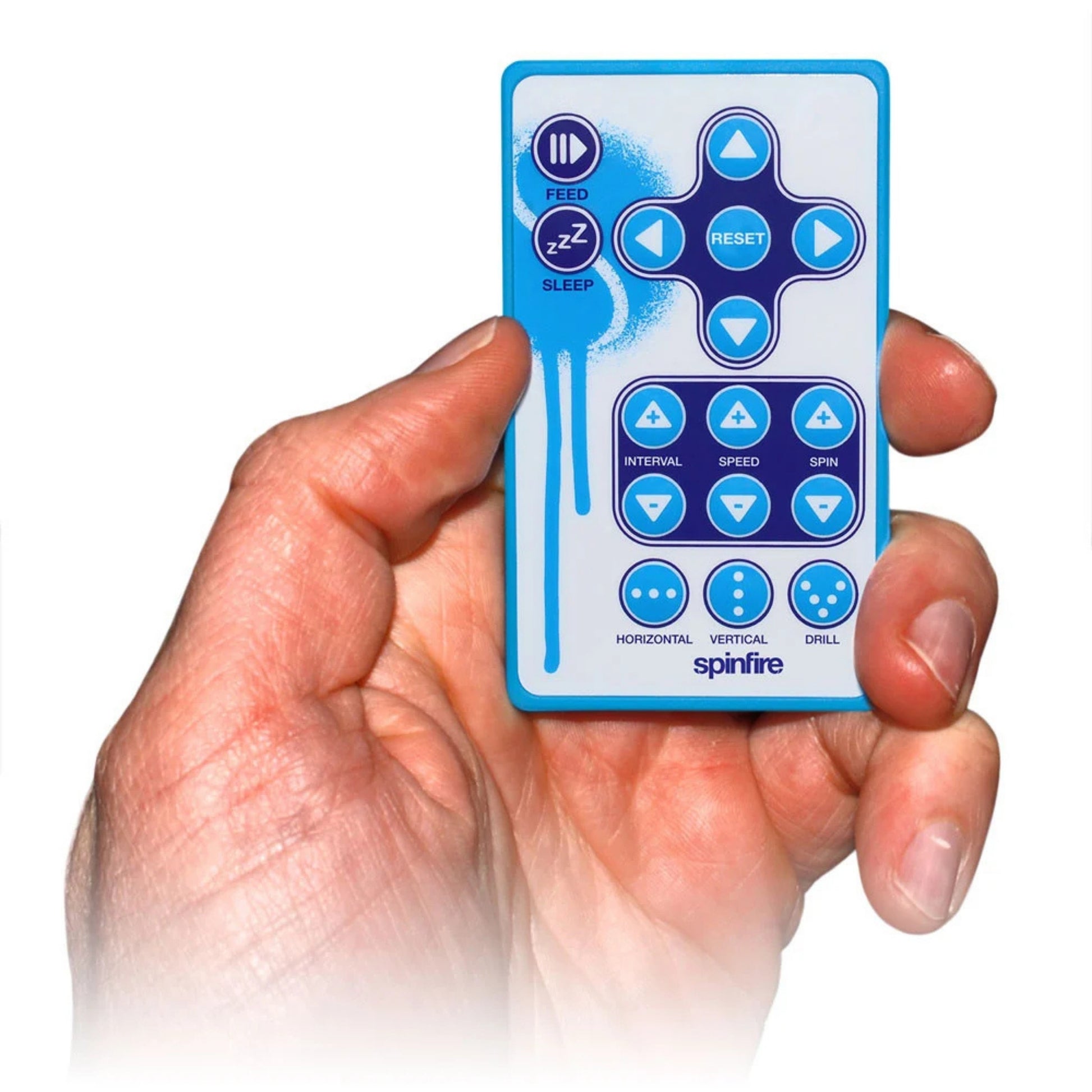 Hand holding a Spinfire blue remote control with various buttons on a white background