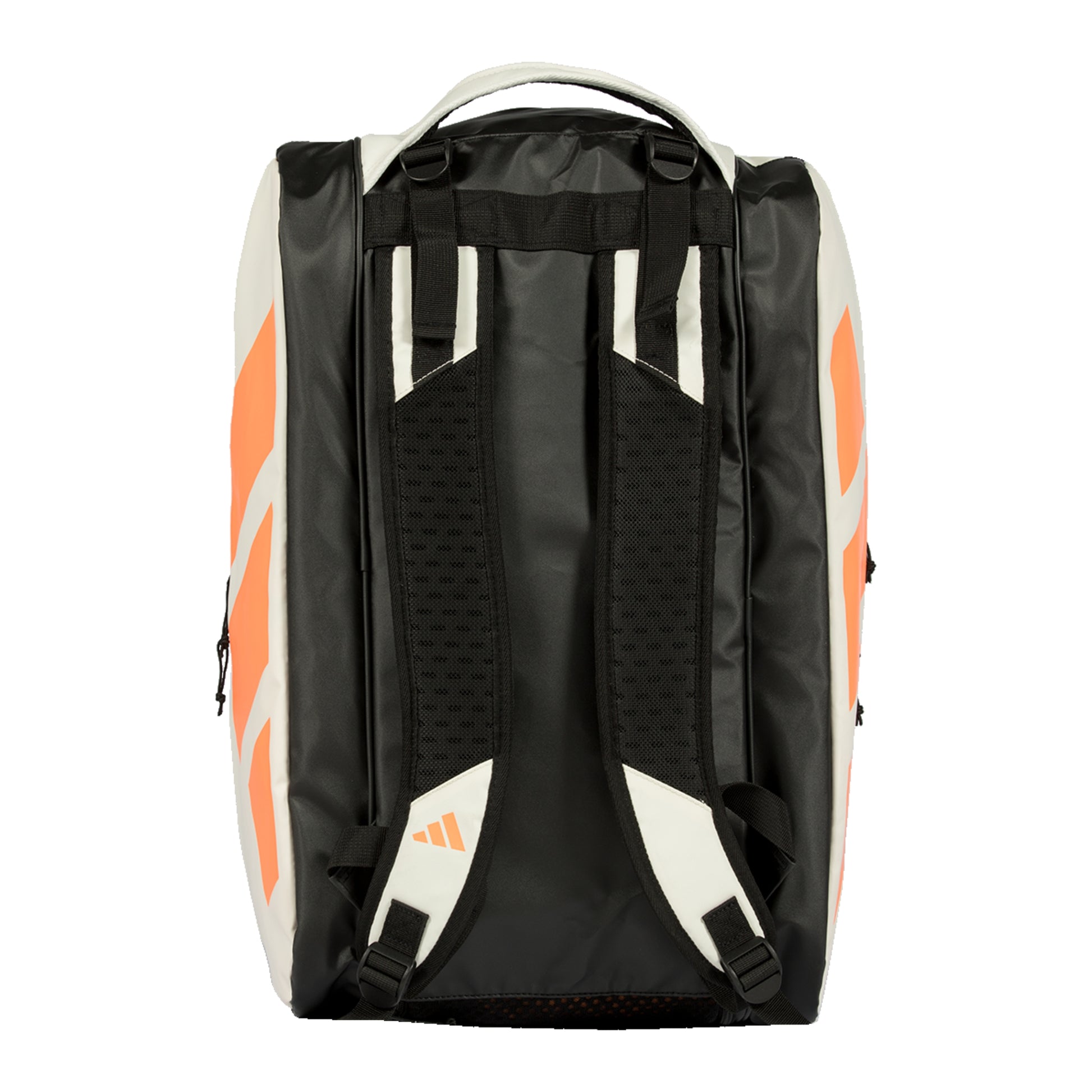 White adidas tennis bag with orange and black accents on a white background