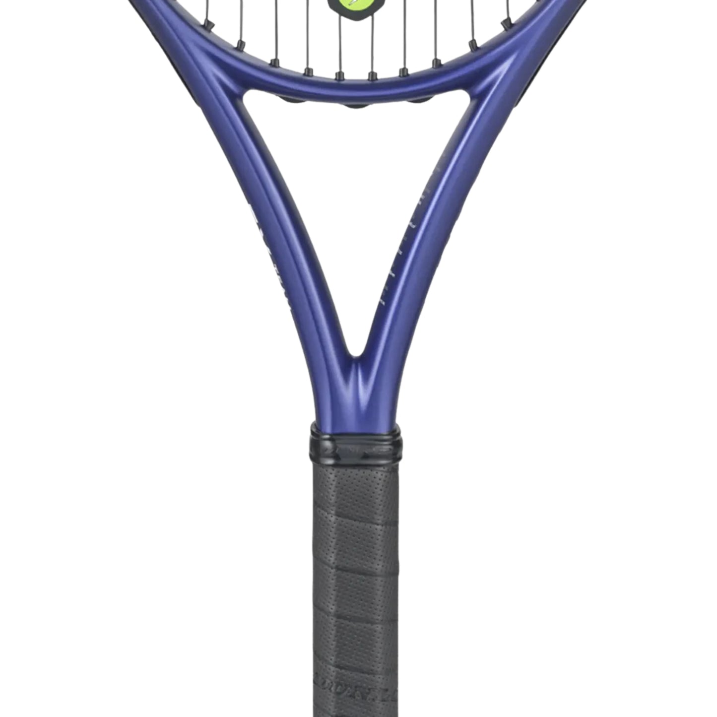 A close-up of a tennis racket showing the blue-purple frame and black grip against a plain white background.