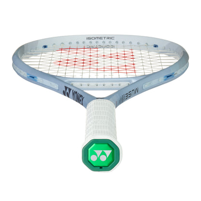 Silver tennis racket with Yonex logo on a white background