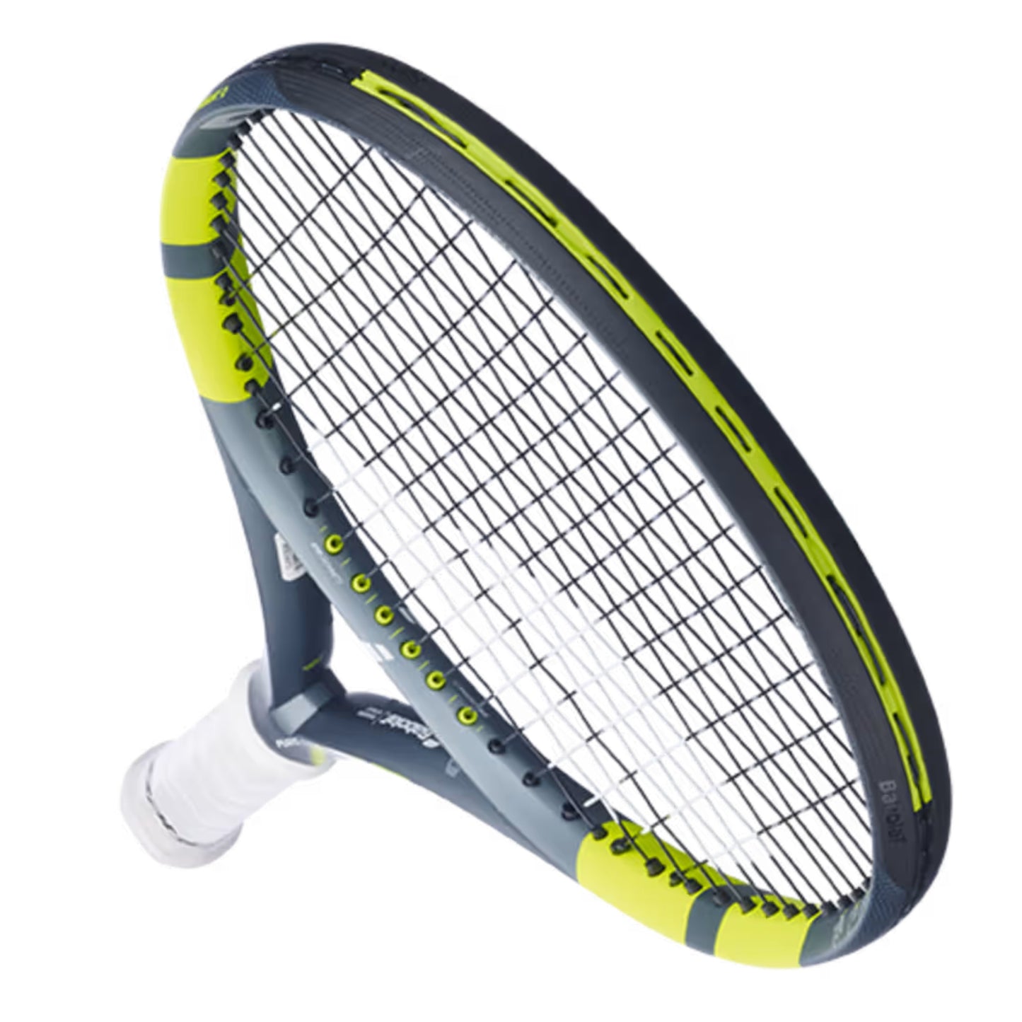 Babolat Tennis racket with green and gray design on a white background