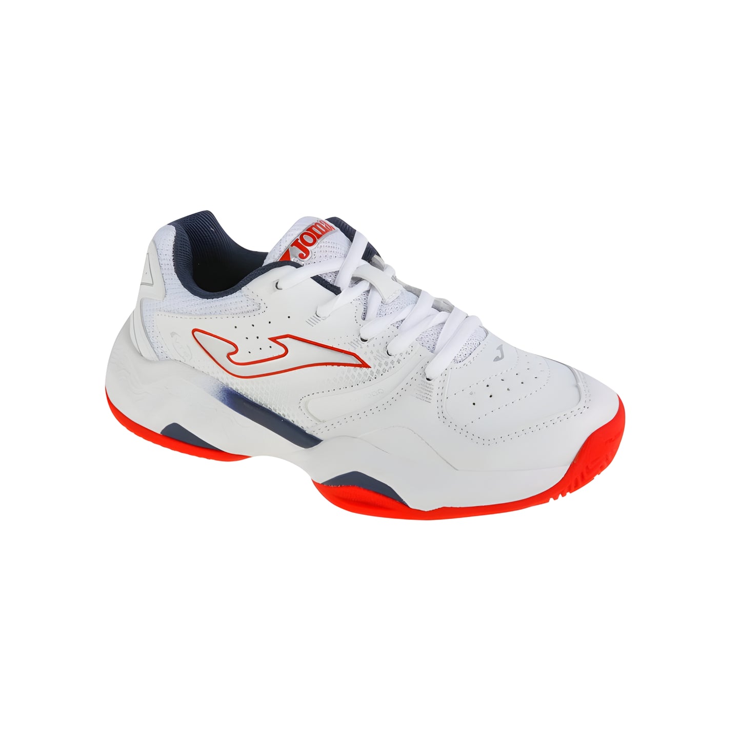 White tennis shoe with red accents on a white background