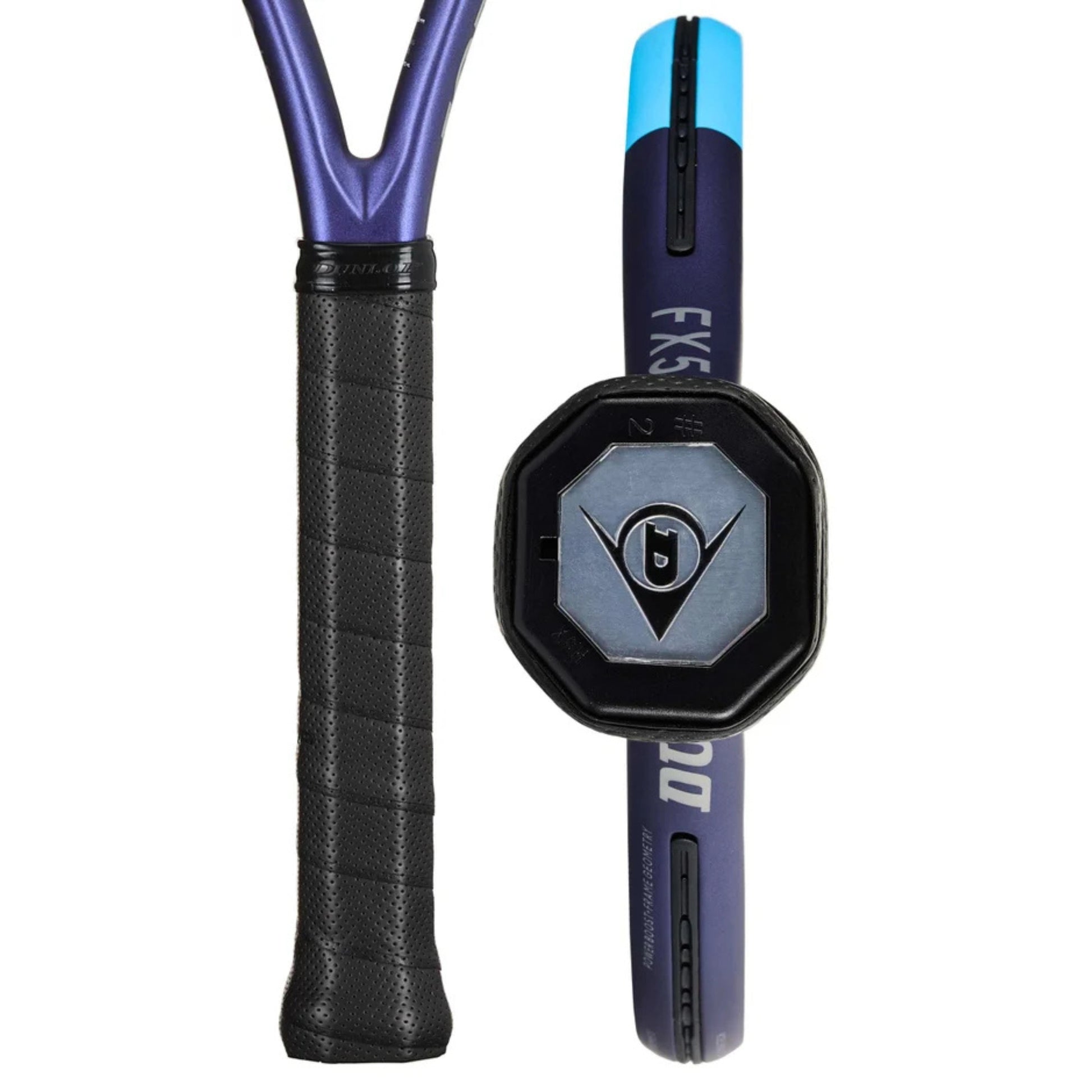 Tennis racket with black grip and blue and black frame on a white background