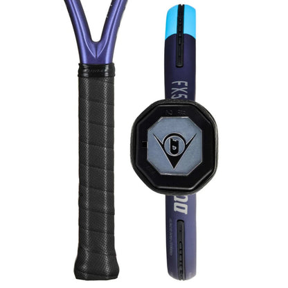 Tennis racket with black grip and blue and black frame on a white background