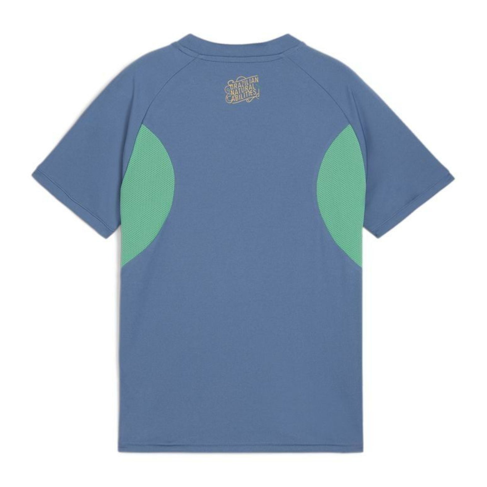 Blue t-shirt with green sleeves on a white background