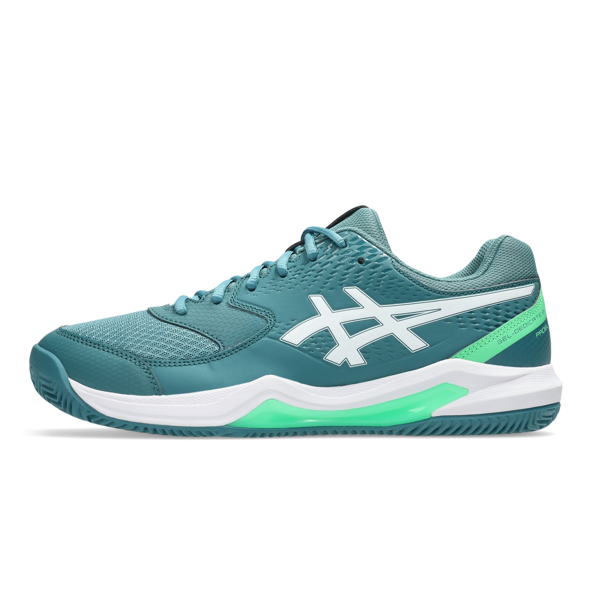 Green Asics padel shoe on a white background