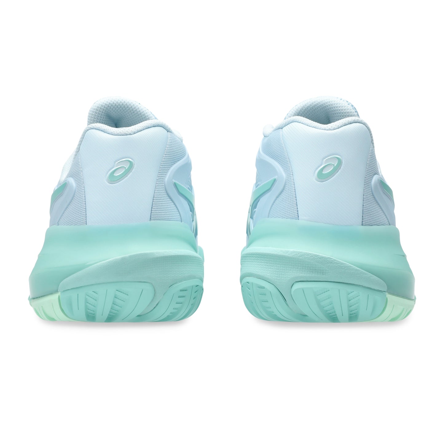 A pair of light blue and mint green Asics tennis shoes shown from the back, featuring the Asics logo on the heel area, set against a plain white background.