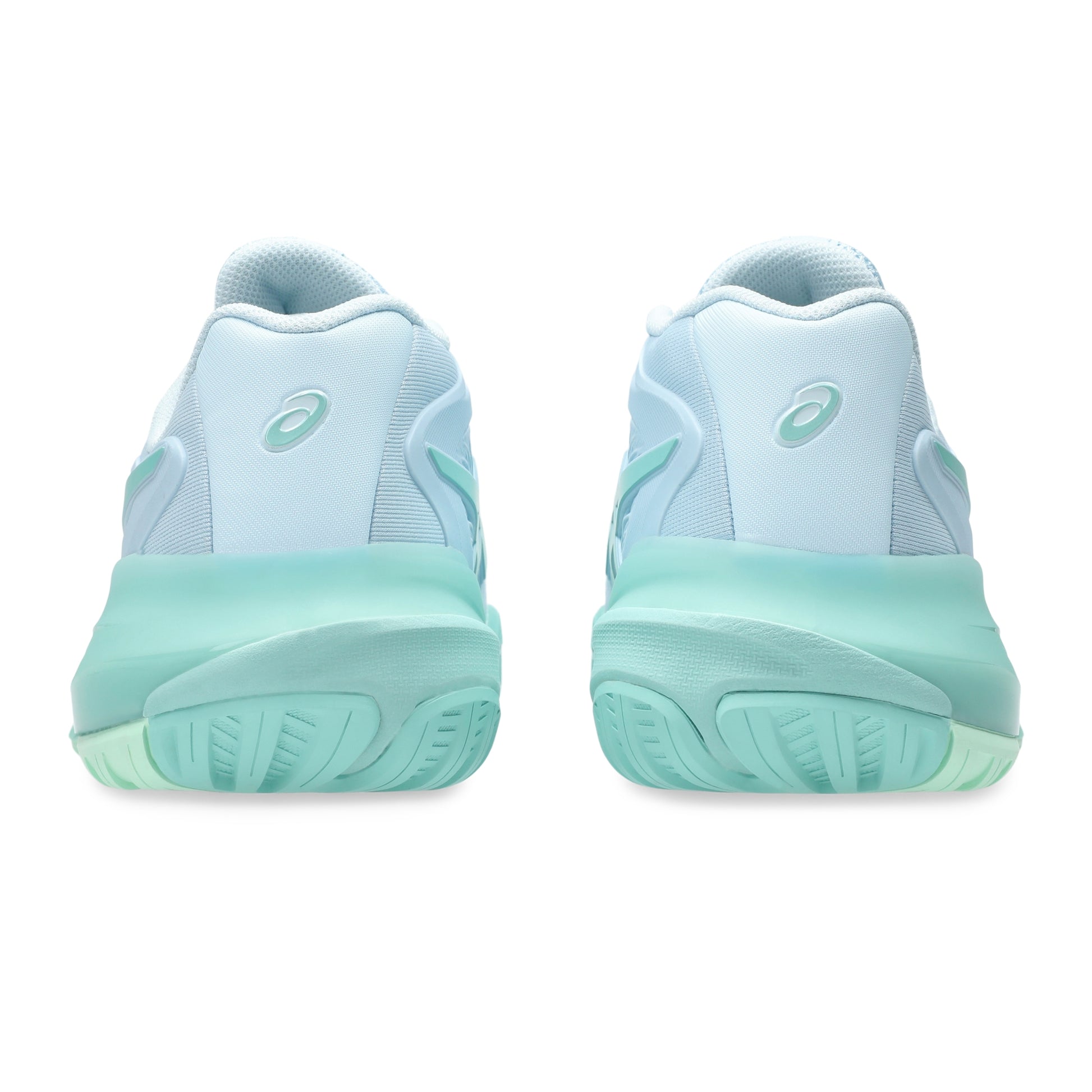 A pair of light blue and mint green Asics tennis shoes shown from the back, featuring the Asics logo on the heel area, set against a plain white background.