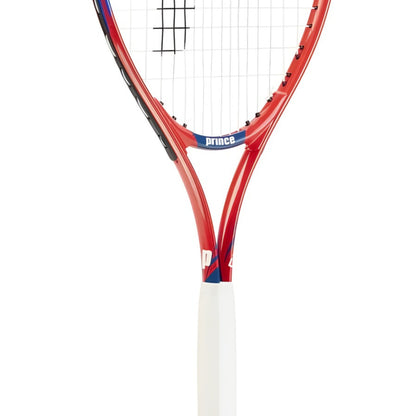 Red tennis racket with white handle and blue accents on a white background