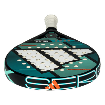 Green and white with red accents adidas padel racket on a white background