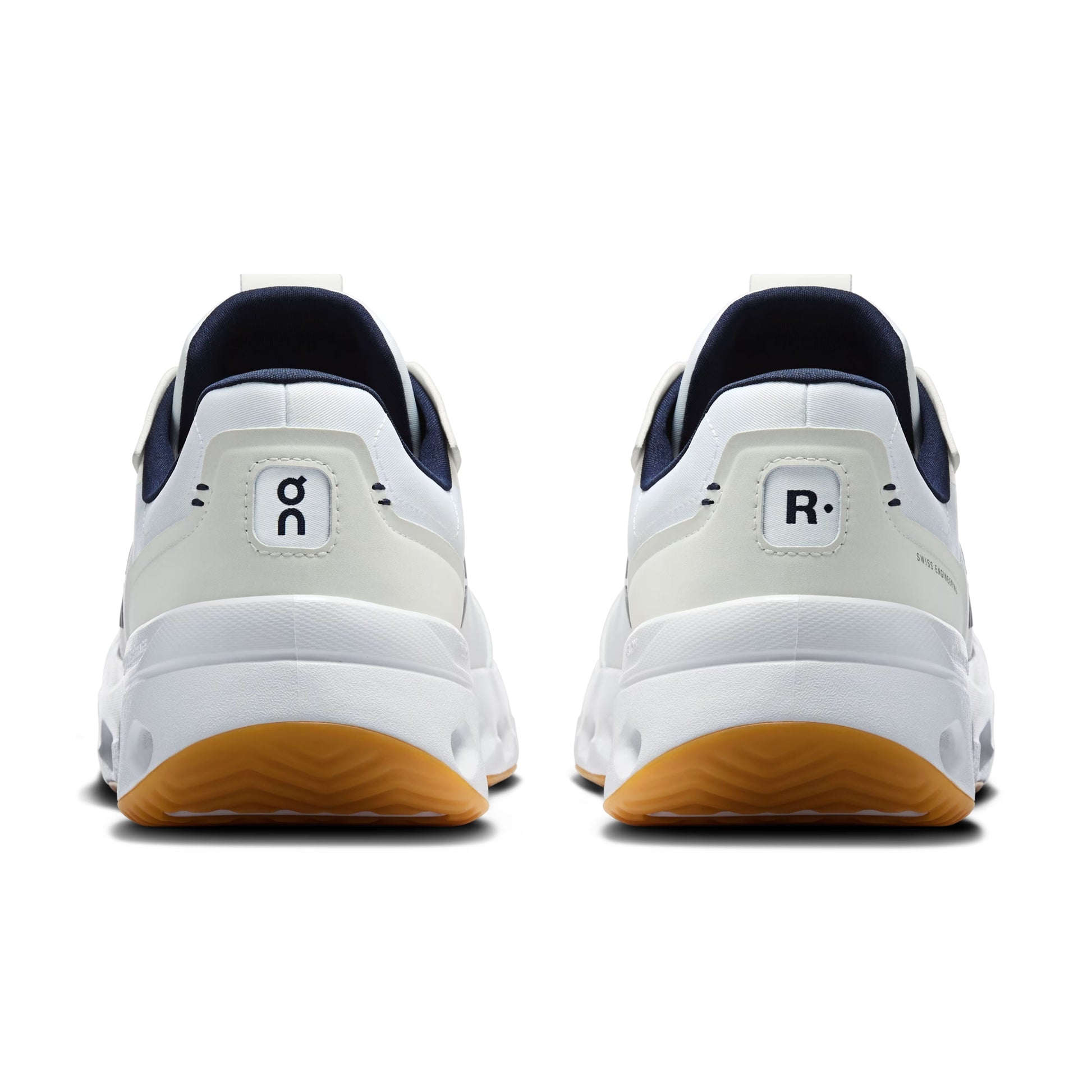 Back view of on blue and white tennis shoes on a white background