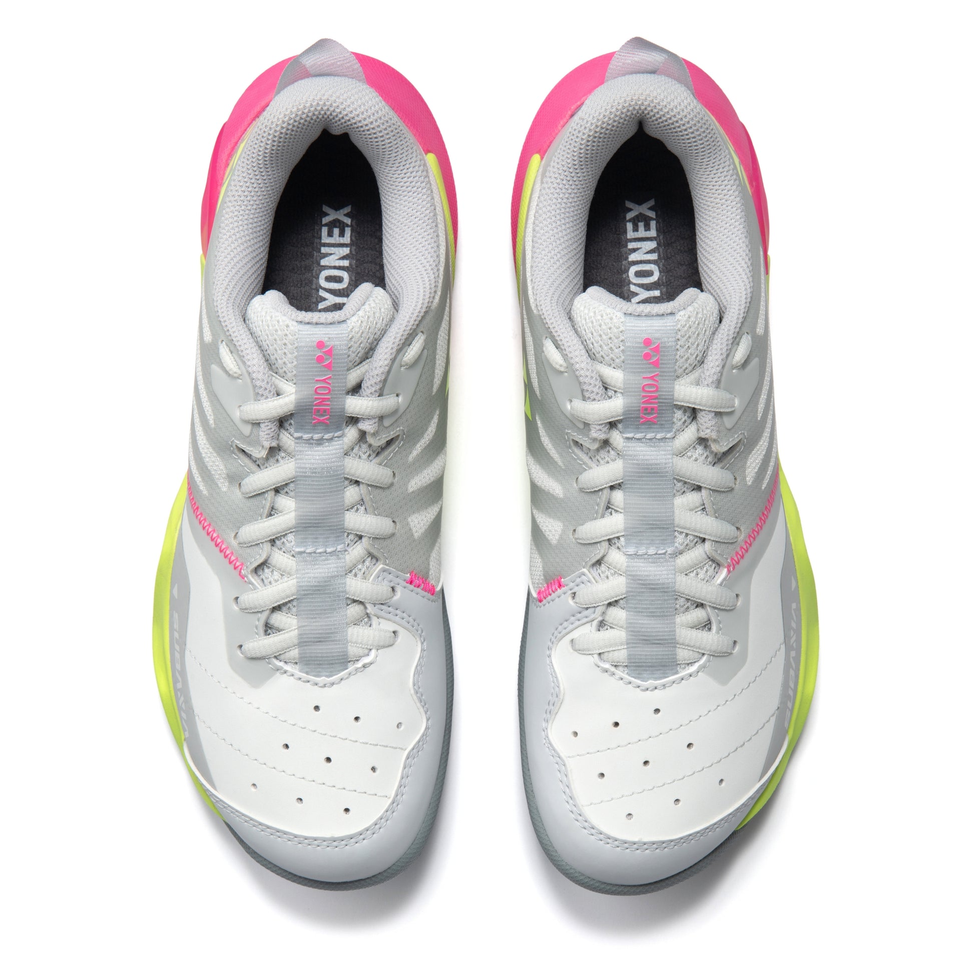 White and pink Yonex shoes on a white background