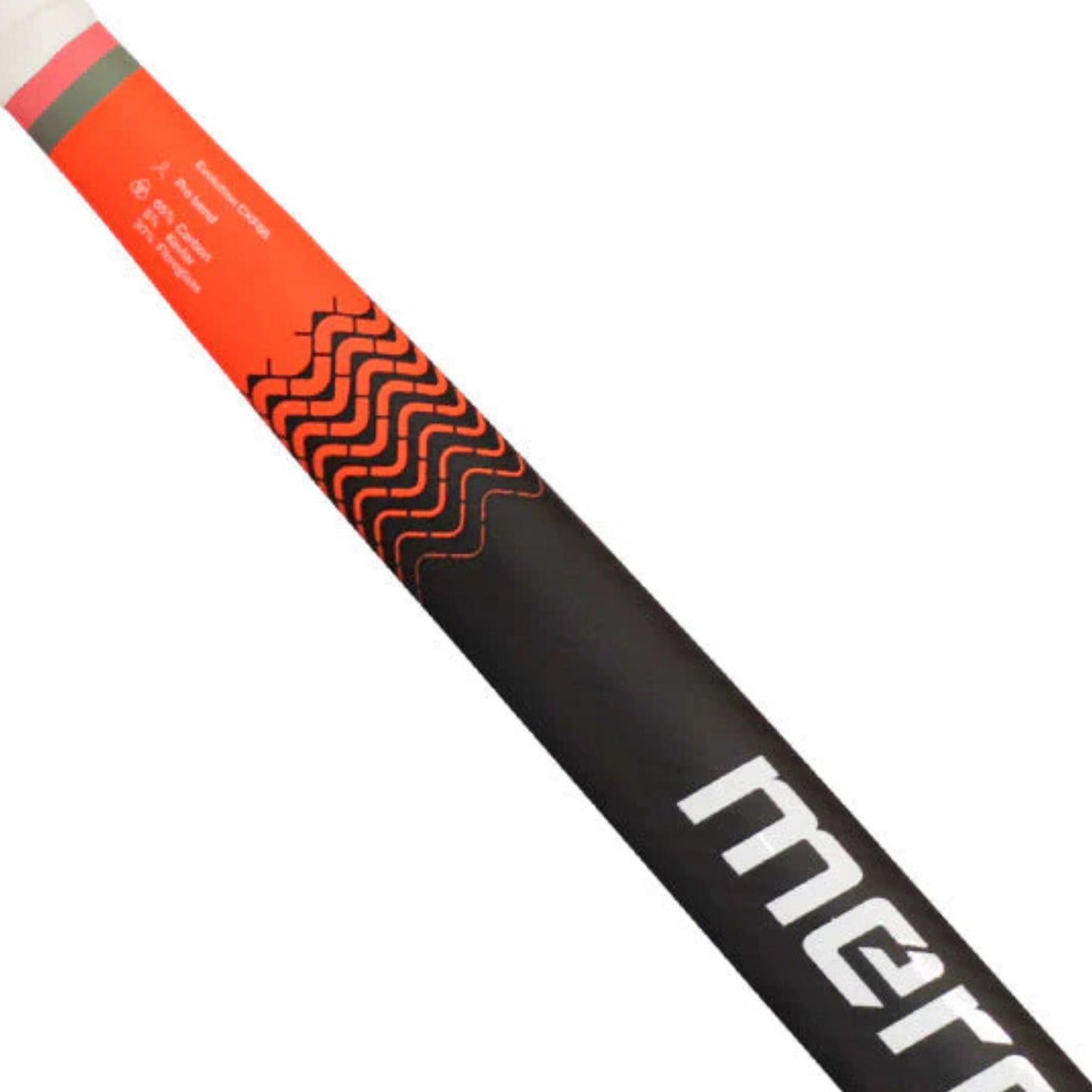 Close-up of a hockey stick with orange and black design on a white background