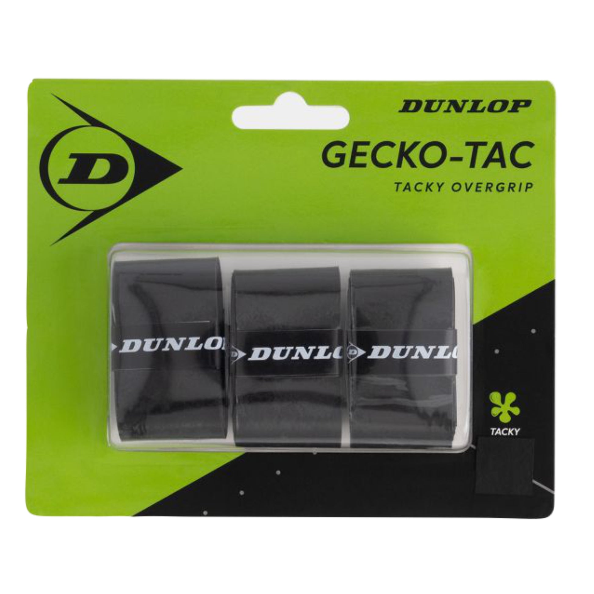 Dunlop Gecko-Tac tacky overgrip packaging with three black overgrips on a green background.