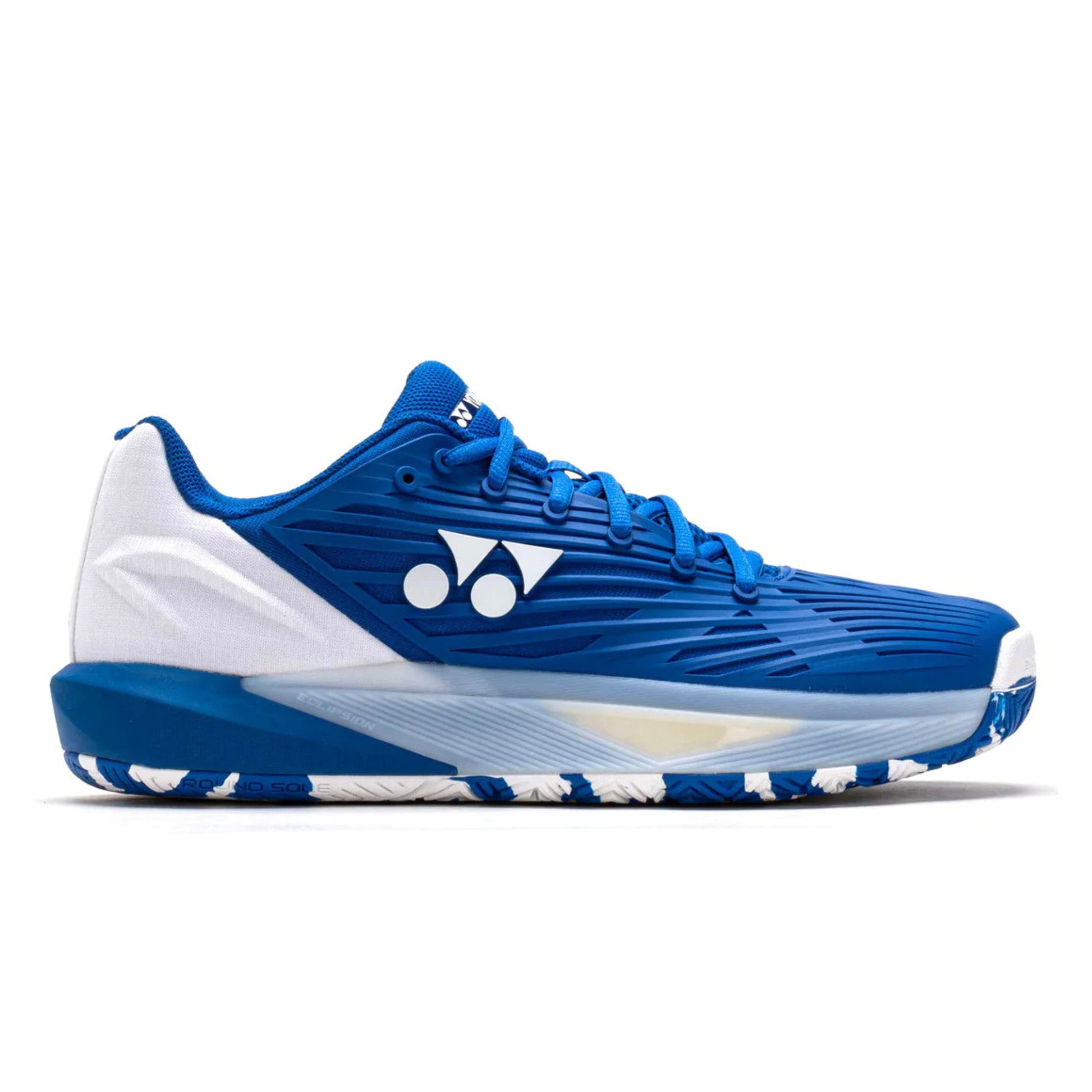 Blue and white Yonex tennis shoe with brand logo on a white background