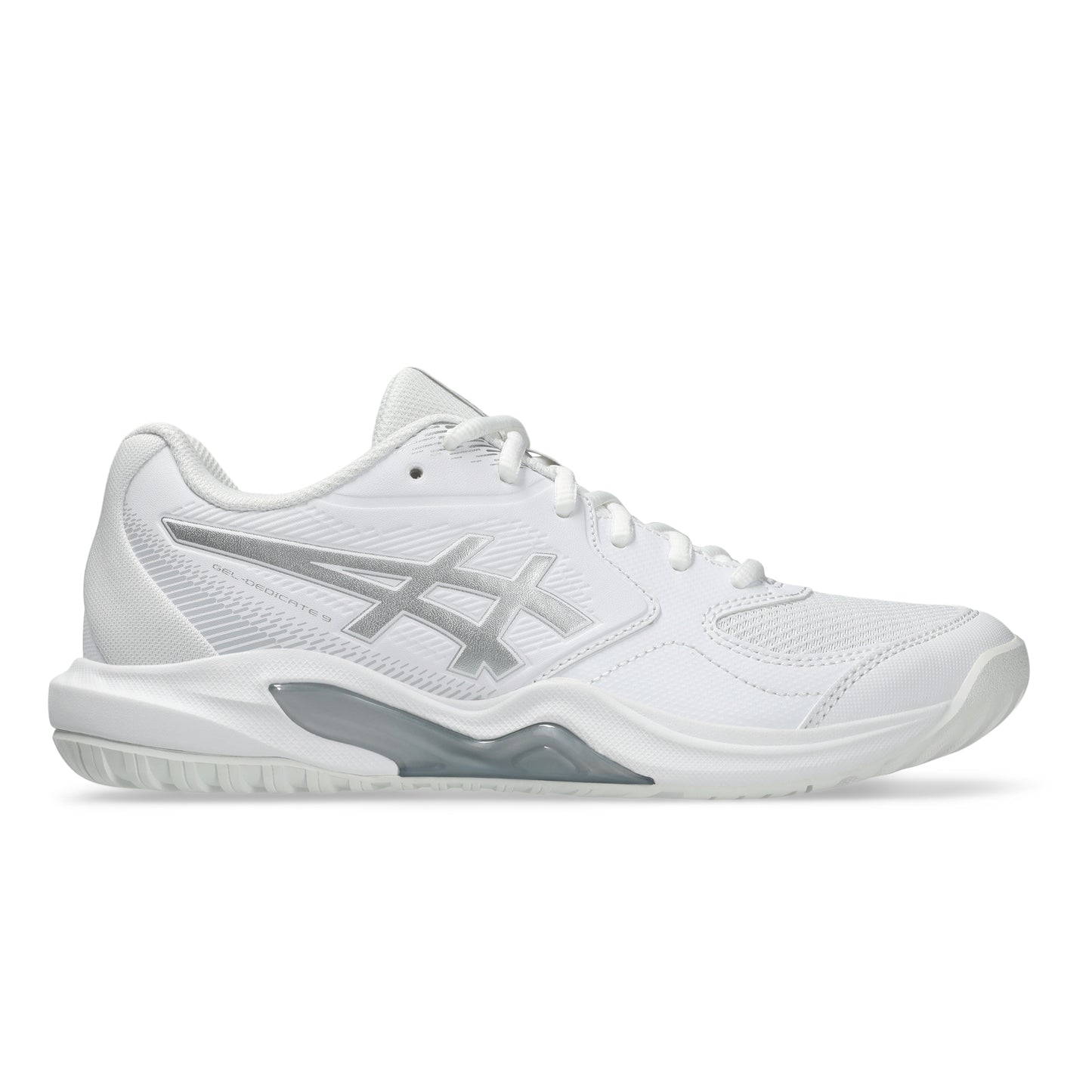 A white tennis shoe with a silver ASICS logo, shown in a side profile view against a plain white background.